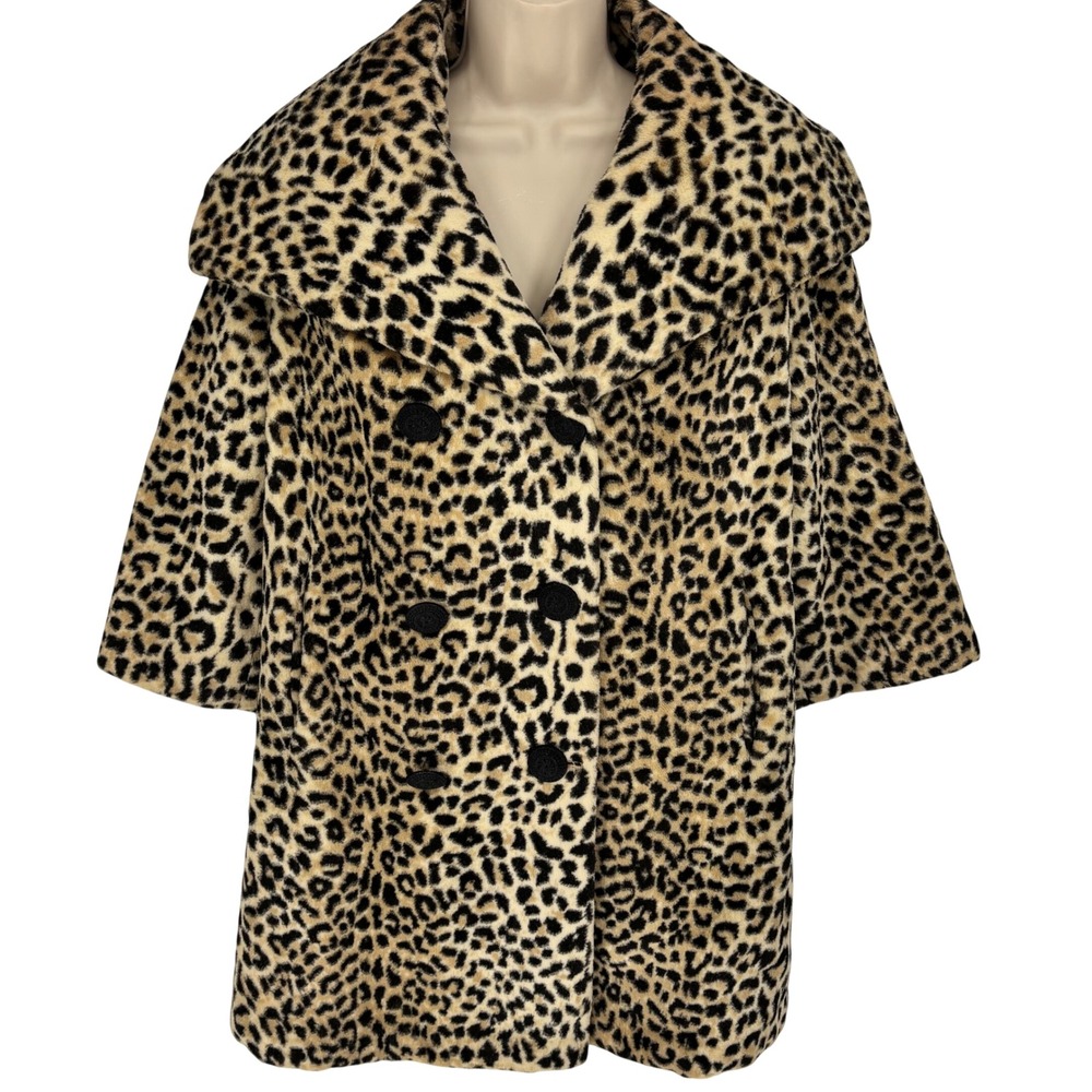 Vintage Leopard Print Faux Fur Coat Double Breasted Mid Length Jacket Tan Black